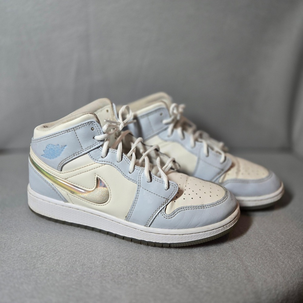 Nike Air Jordan 1 Mid SE Kids 7Y Blue Cream Good Glitter Swoosh FQ9117-400